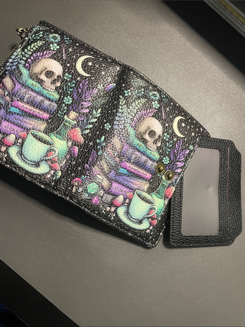 Goth Skull Tea & Books Compact Wallet - Black with Teal & Purple Artwork - Picture 10 of 13